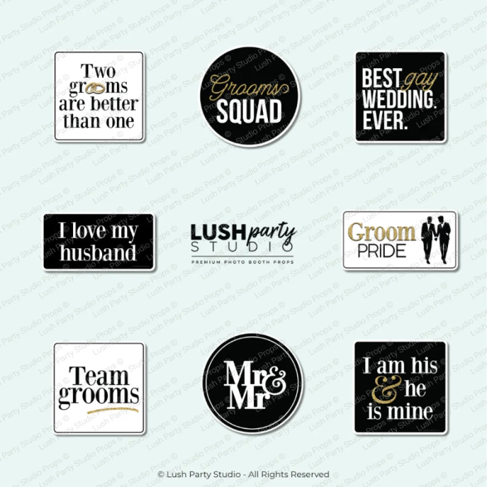 Set of same-sex themed photo booth props for men classy and elegant gay wedding props by lush party studio