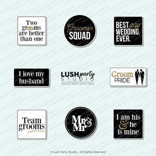 Set of same-sex themed photo booth props for men classy and elegant gay wedding props by lush party studio