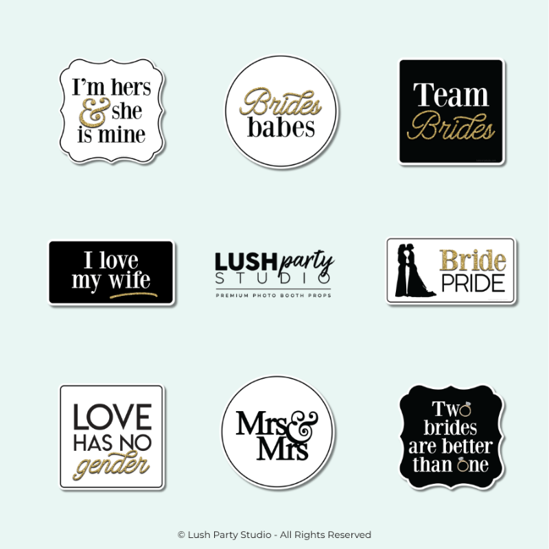 Set of same-sex themed photo booth props for women classy and elegant lesbian wedding props by lush party studio