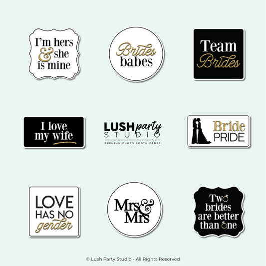 Set of same-sex themed photo booth props for women classy and elegant lesbian wedding props by lush party studio