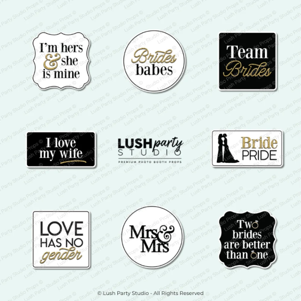 Set of same-sex themed photo booth props for women classy and elegant lesbian wedding props by lush party studio