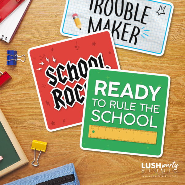 Set of  back-to-school photo props for first day of school parties and kids events by lush party studio