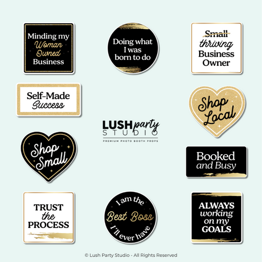 Set of small business photo booth props in gold black and white for elegant business events and parties. 