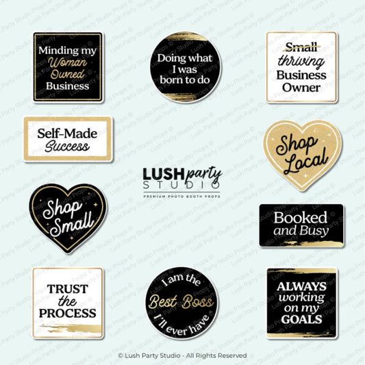 Set of small business photo booth props in gold black and white for elegant business events and parties. 