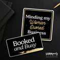 Load image into Gallery viewer, Two black and gold photo booth prop signs with 'booked and busy' text for business events
