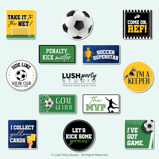 Set of soccer photo booth props for sports events, world cup celebrations, tournaments and parties. Lush Party Studio