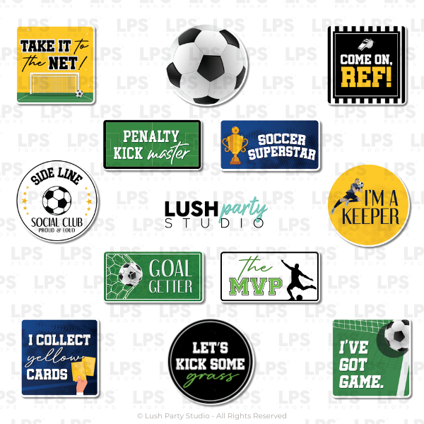 A set of 6 printed photo booth props related to soccer with phrases such as 'soccer superstar', 'Let's kick some grass', and 'Goal Getter'