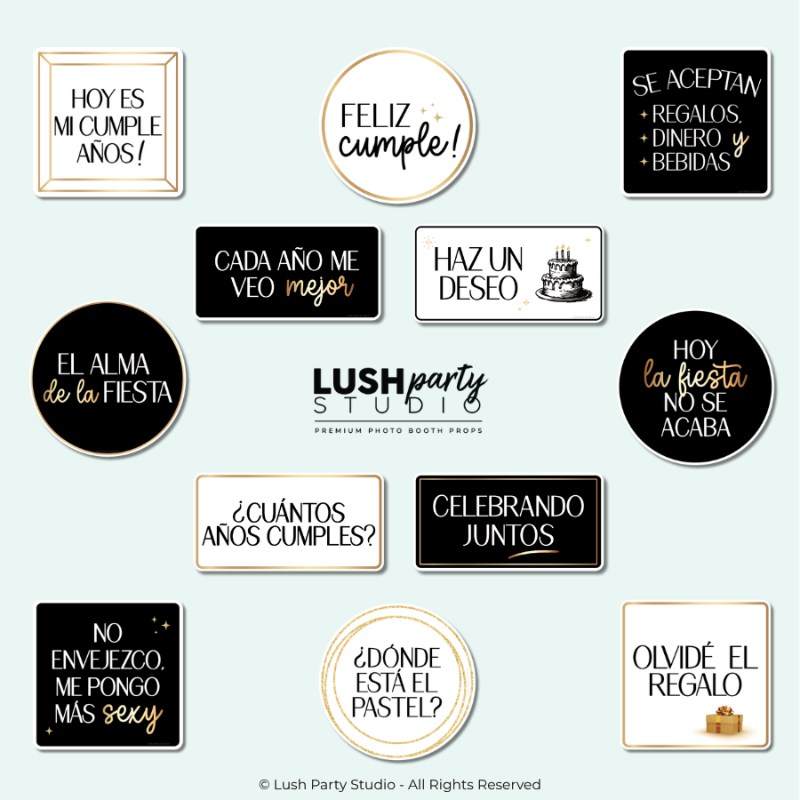 Collection of birthday photo booth props in Spanish cumpleanos props by lush party studio