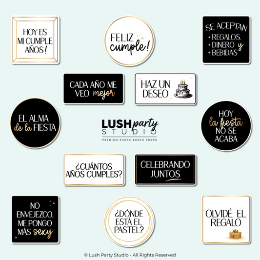 Collection of birthday photo booth props in Spanish cumpleanos props by lush party studio