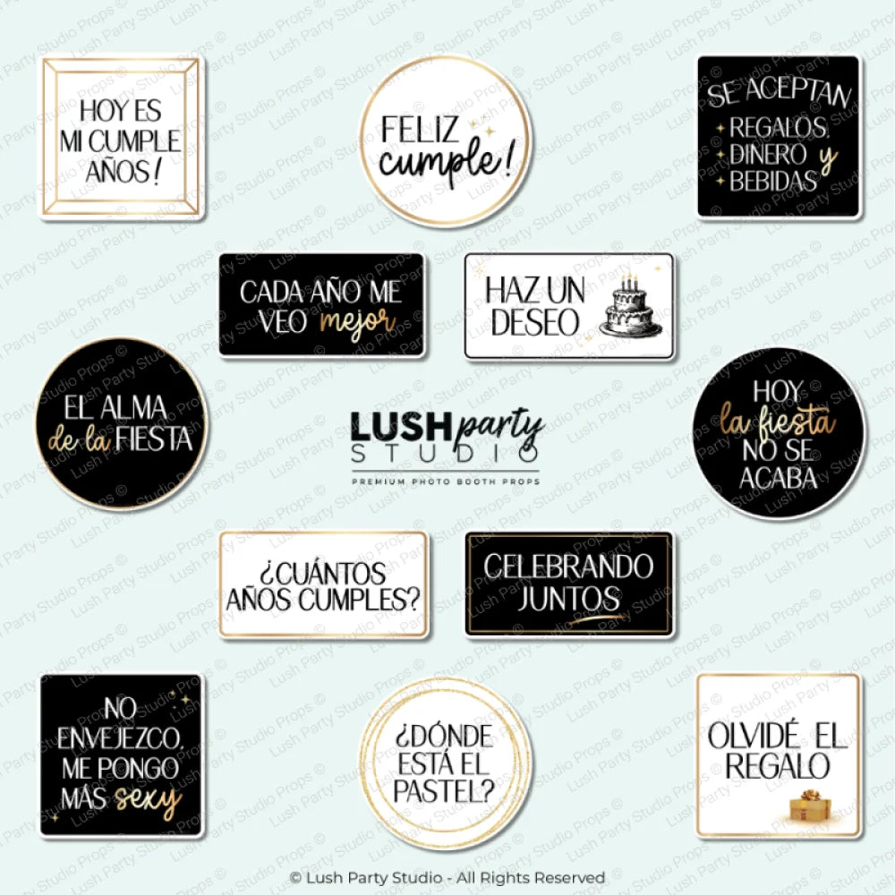 Collection of birthday photo booth props in Spanish cumpleanos props by lush party studio