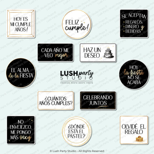 Collection of birthday photo booth props in Spanish cumpleanos props by lush party studio