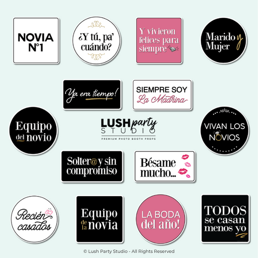 Set of wedding photo booth props in spanish for bodas, hispanic weddings, celebrations and photo booth parties by lush party studio