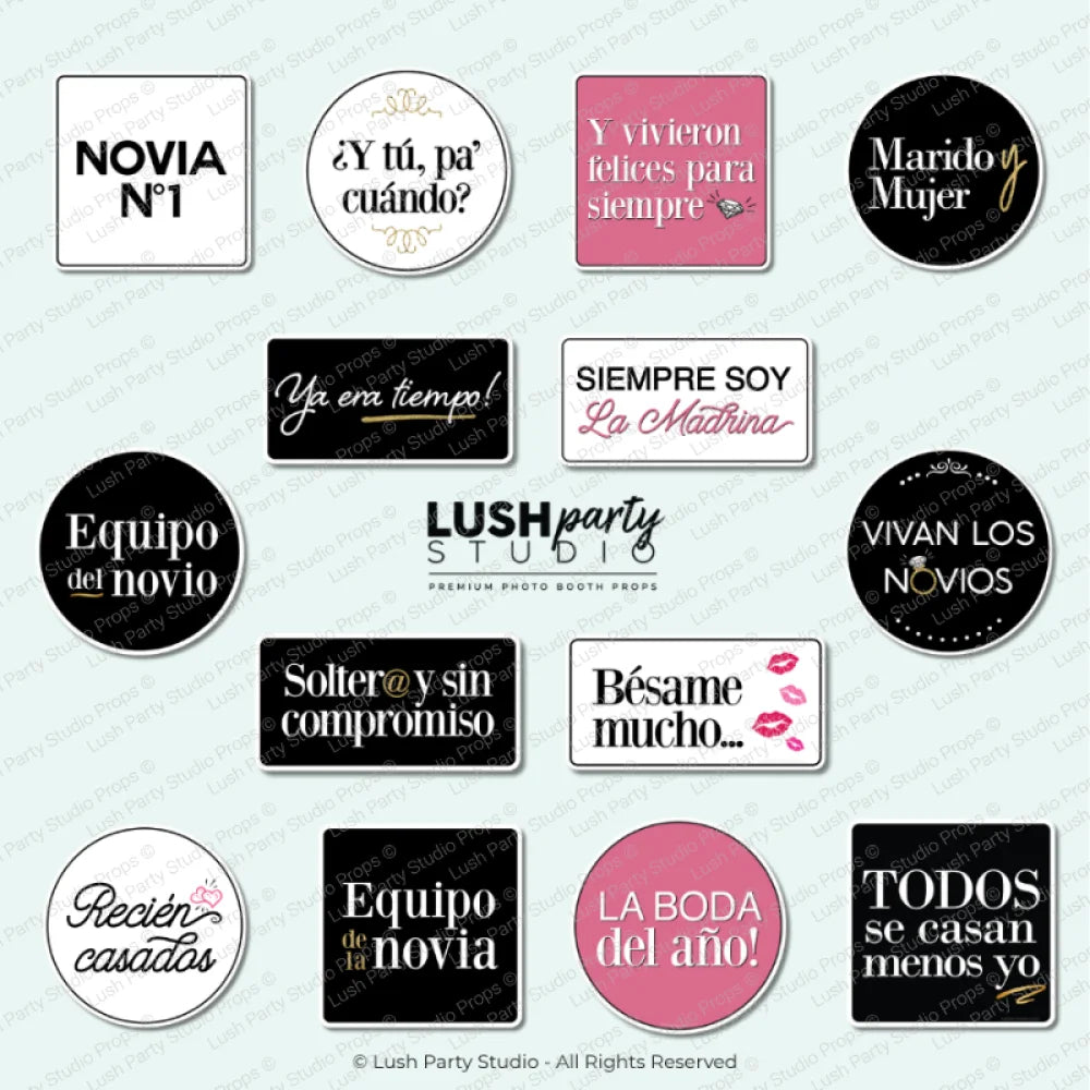 Set of wedding photo booth props in spanish for bodas, hispanic weddings, celebrations and photo booth parties by lush party studio
