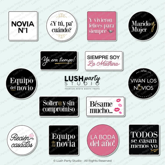 Set of wedding photo booth props in spanish for bodas, hispanic weddings, celebrations and photo booth parties by lush party studio