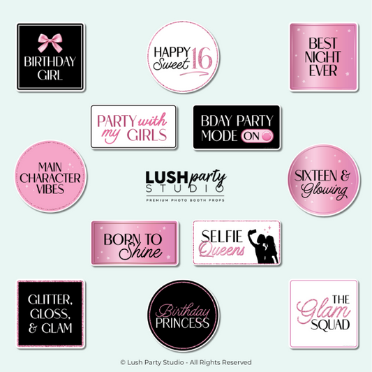 Set of pink and black sweet sixteen photo booth props for birthday parties by lush party studio