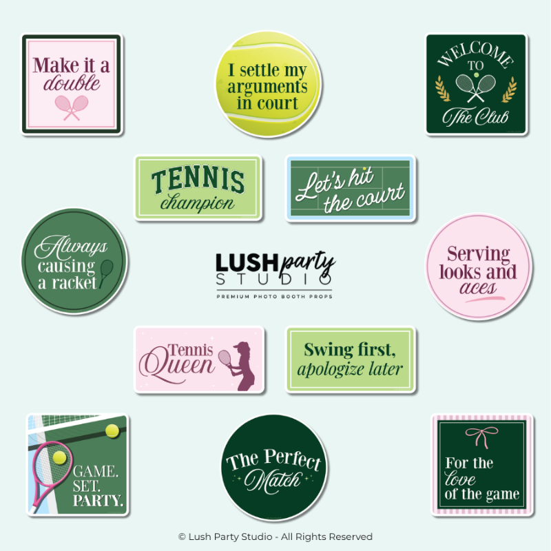 Set of tennis photo booth props with funny sayings for sports tournaments and tennis events, by lush party studio
