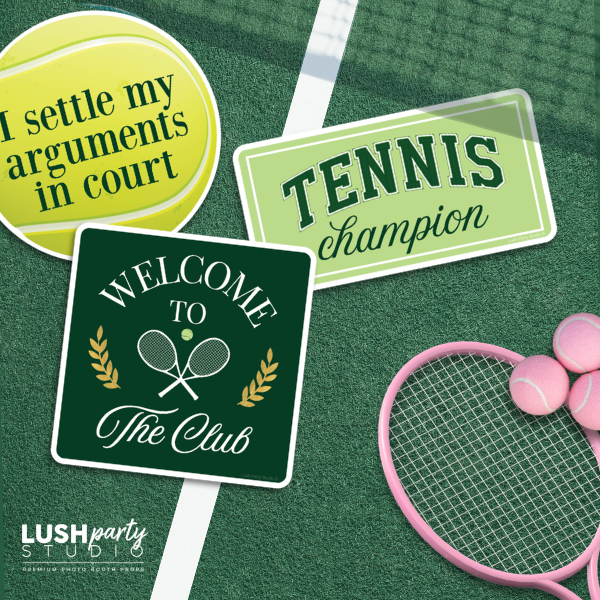 Set of tennis photo booth props with funny sayings for sports tournaments and tennis events, by lush party studio