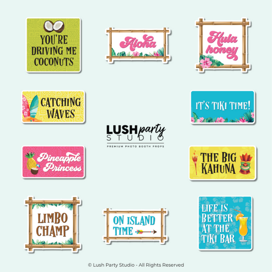 set of colorful photo booth props for tiki and luau parties for the summer with tropical-themed sayings by lush party studio