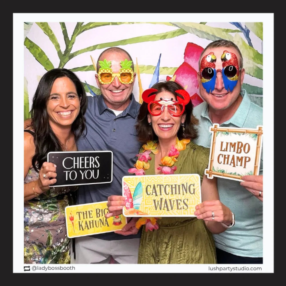 set of colorful photo booth props for tiki and luau parties for the summer with tropical-themed sayings by lush party studio