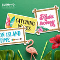 Load image into Gallery viewer, set of colorful photo booth props for tiki and luau parties for the summer with tropical-themed sayings by lush party studio
