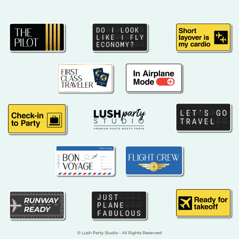 set of travel photobooth prop signs with flight and travel sayings by lush party studio