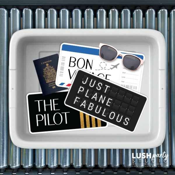 Tray with travel photo booth props by 'LUSH party studio'