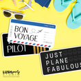 Load image into Gallery viewer, Bon Voyage airplane ticket, sunglasses, and 'Just Plane Fabulous' photobooth prop sign by Lush Party Studio branding.
