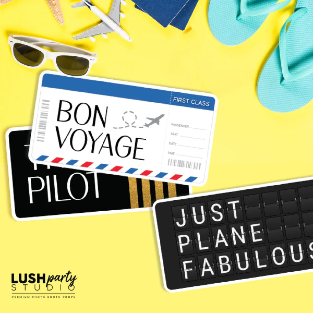 Bon Voyage airplane ticket, sunglasses, and 'Just Plane Fabulous' photobooth prop sign by Lush Party Studio branding.
