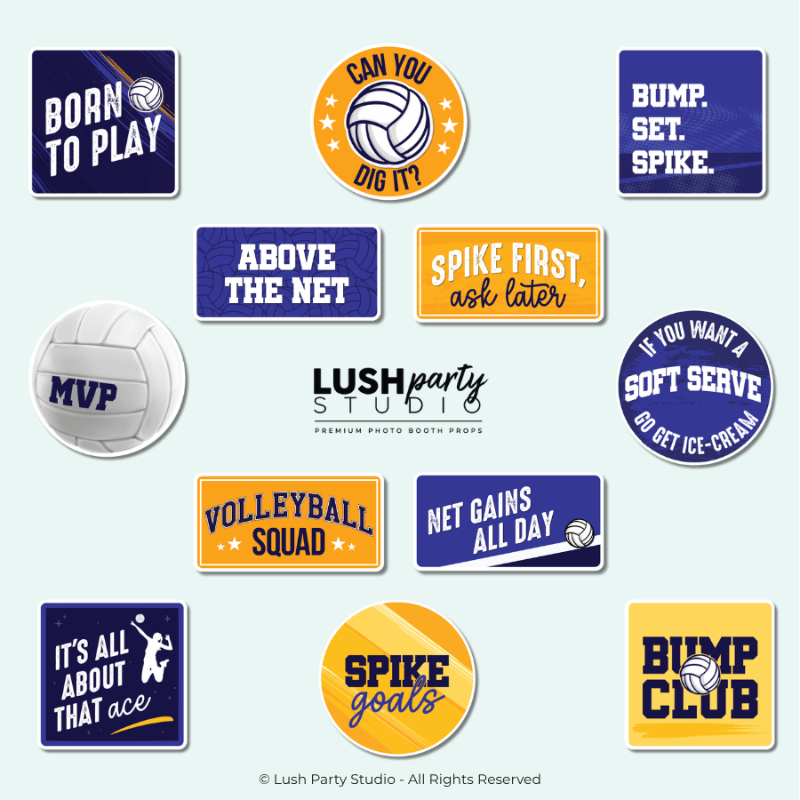 Set of volleyball photo booth props with sports phrases for tournaments and volleyball events by lush party studio