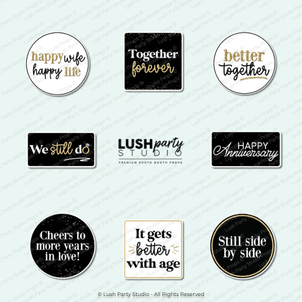 set of wedding anniversary photo booth props for anniversaries and celebrations. by lush party studio