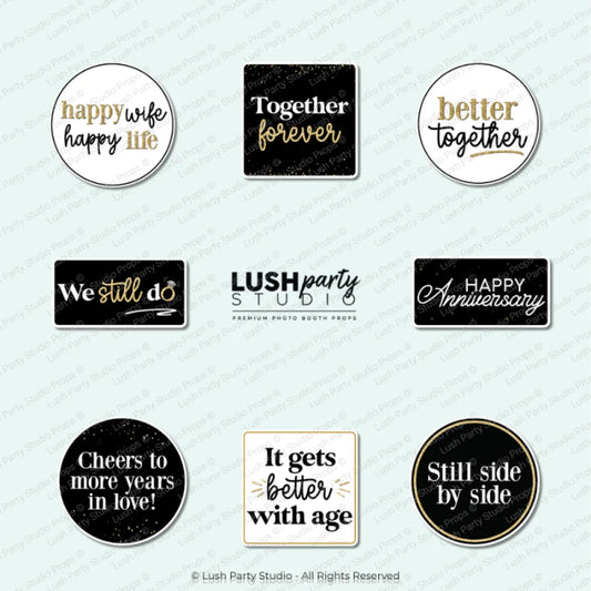 set of wedding anniversary photo booth props for anniversaries and celebrations. by lush party studio