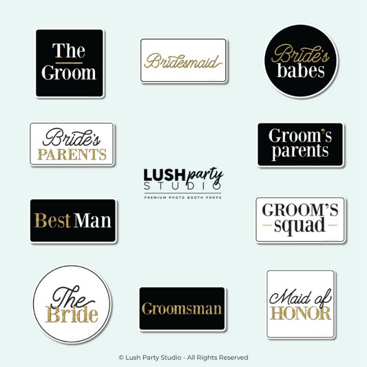 set of wedding bridal party photo booth props for bridesmaids best man and wedding party by lush party studio