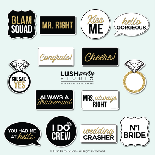 set of wedding-themed photo booth props wedding glam photo booth prop signs classy black white gold bridal photo booth prop signs