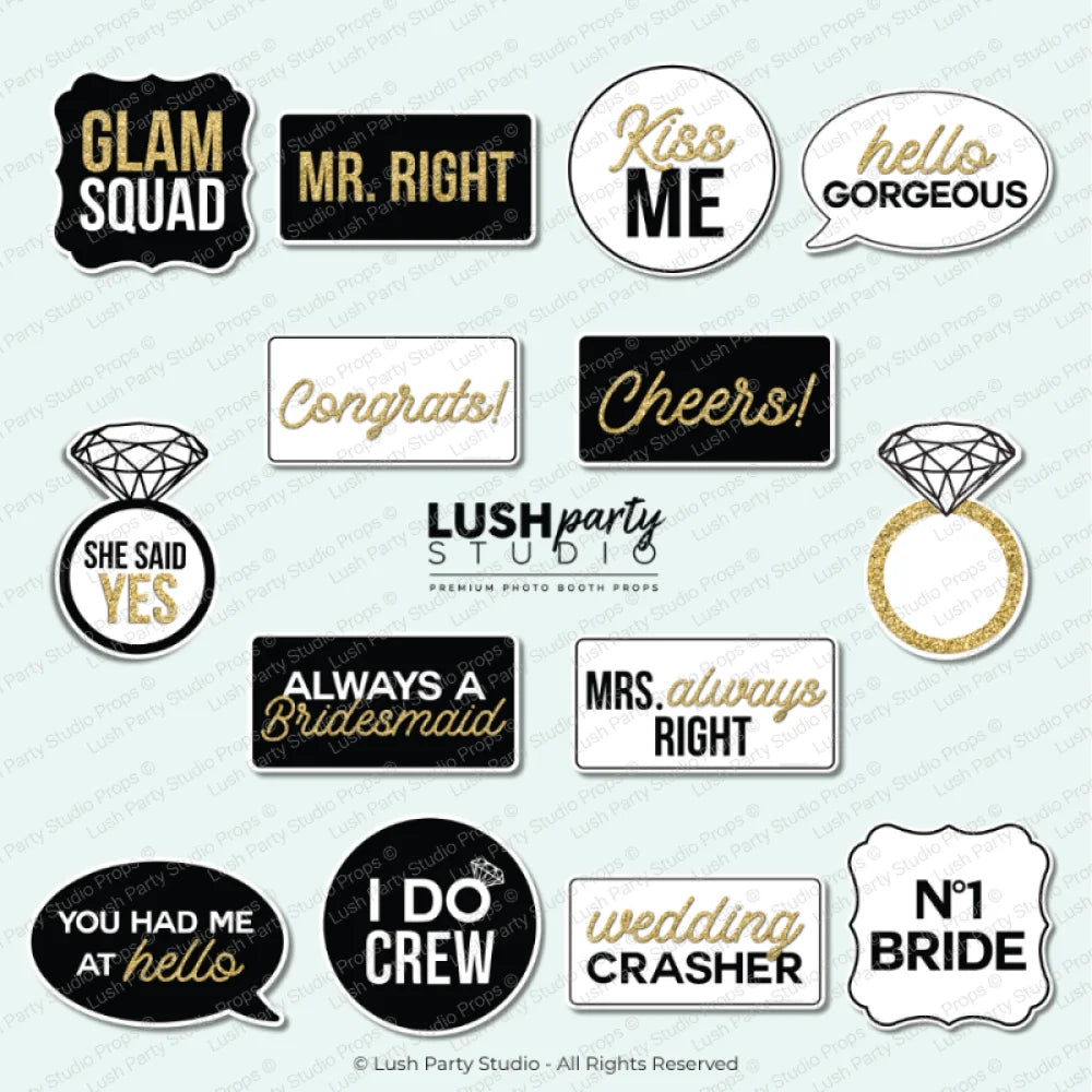 set of wedding-themed photo booth props wedding glam photo booth prop signs classy black white gold bridal photo booth prop signs