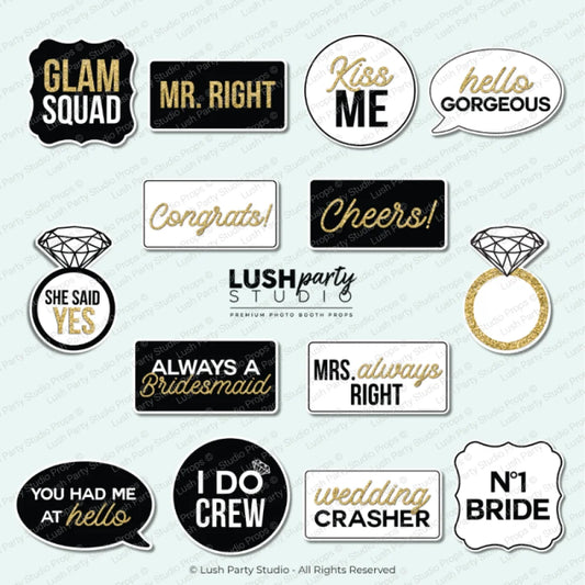 set of wedding-themed photo booth props wedding glam photo booth prop signs classy black white gold bridal photo booth prop signs
