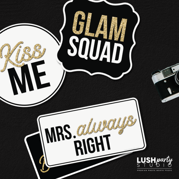 set of wedding-themed photo booth props wedding glam photo booth prop signs classy black white gold bridal photo booth prop signs