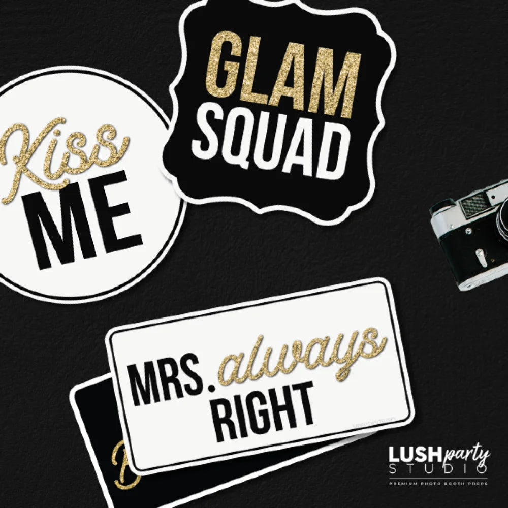 set of wedding-themed photo booth props wedding glam photo booth prop signs classy black white gold bridal photo booth prop signs