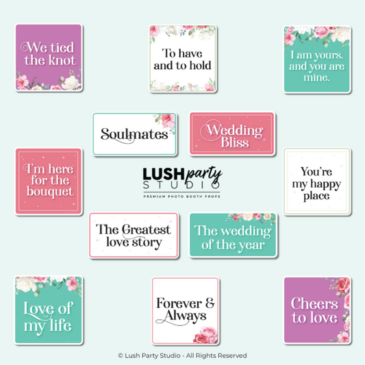 set of floral colorful wedding photo booth props by Lush Party Studio.