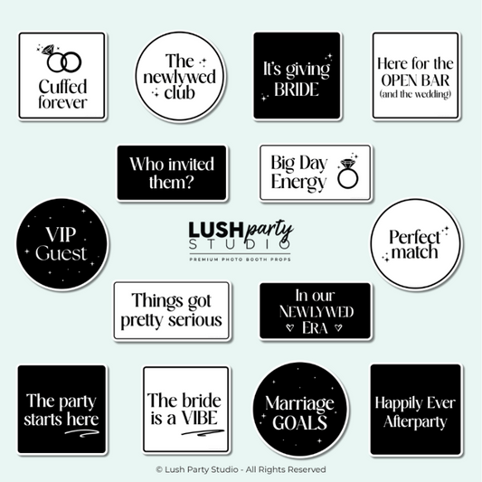 Collection of black and white photo booth props glam wedding vogue photo booth prop signs lush party studio luxury premium props