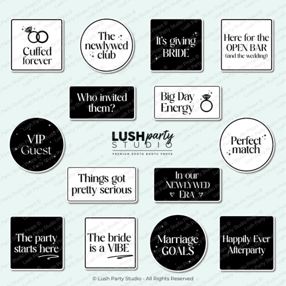 Collection of black and white photo booth props glam wedding vogue photo booth prop signs lush party studio luxury premium props