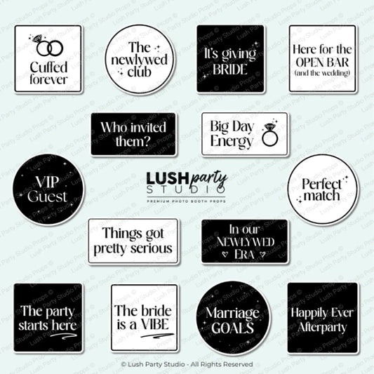 Collection of black and white photo booth props glam wedding vogue photo booth prop signs lush party studio luxury premium props