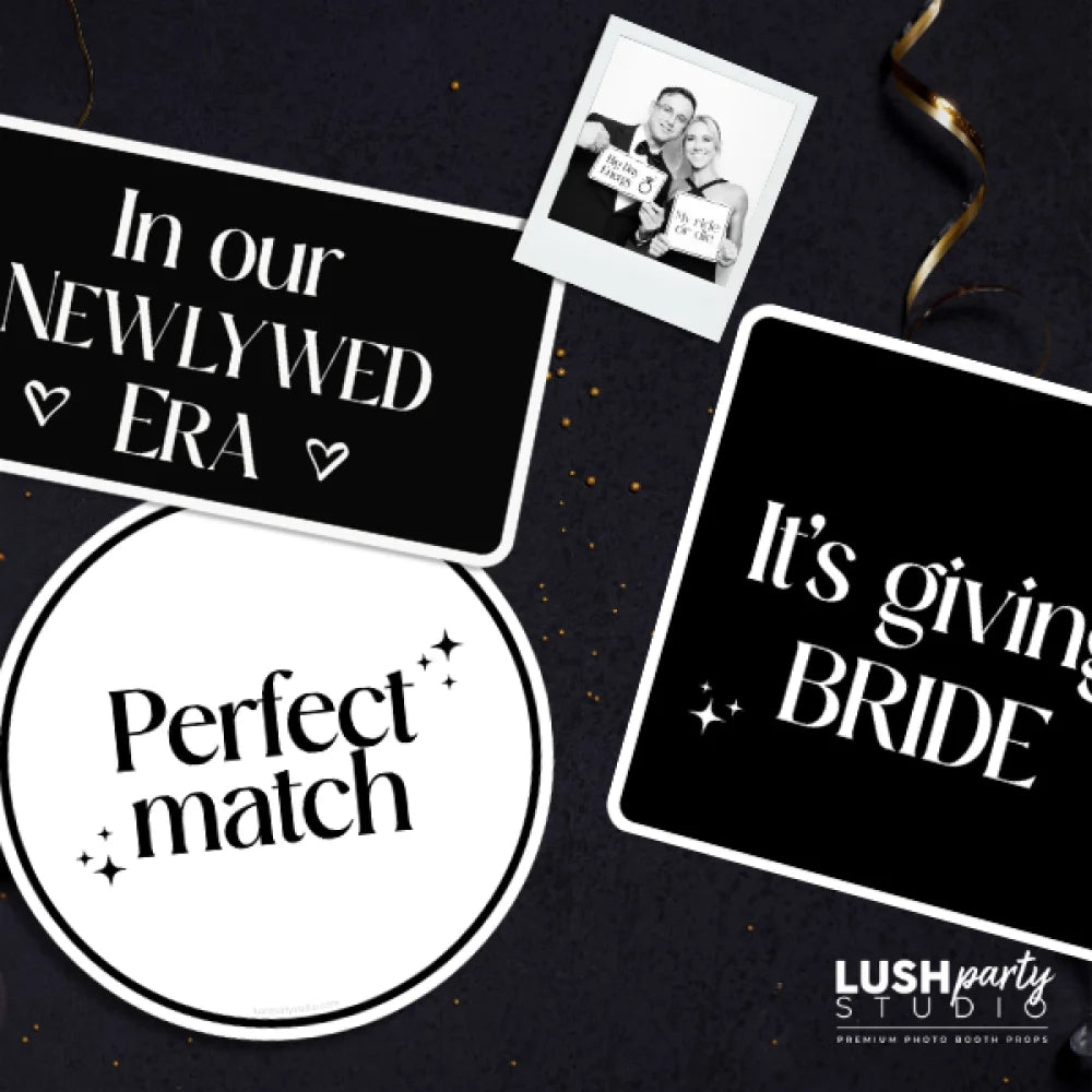 photobooth prop signs with wedding text and a photo by 'Lush Party Studio'.