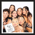 Load image into Gallery viewer, Group of women posing together with a 'Cuffed forever' photo booth prop sign in a photo booth setting by lush party studio. vogue black and white wedding props

