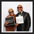 Load image into Gallery viewer, Two people posing with wedding photo booth prop signs in a photo booth, glam vogue wedding props by lush party studio
