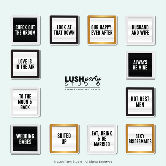 Set of photo booth props with wedding sayings for weddings, bachelorettes, bridal showers and celebrations by Lush Party Studio logo.