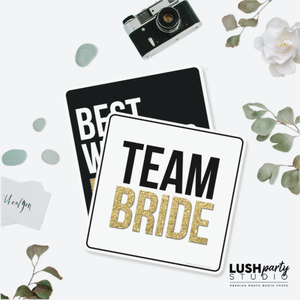 set of wedding-themed photo booth props wedding glam photo booth prop signs classy black white gold bridal photo booth prop signs