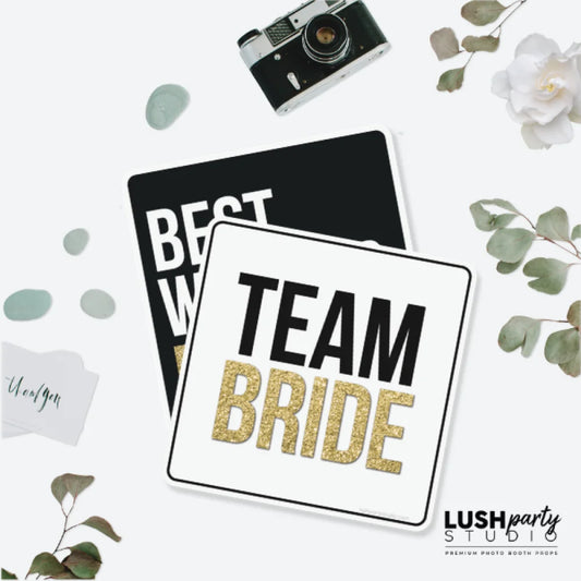 set of wedding-themed photo booth props wedding glam photo booth prop signs classy black white gold bridal photo booth prop signs