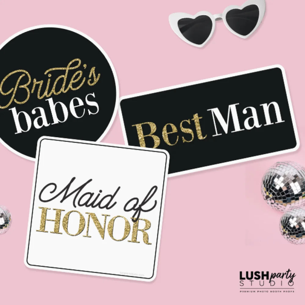 Round white sign with 'The Bride' text by lush party studio