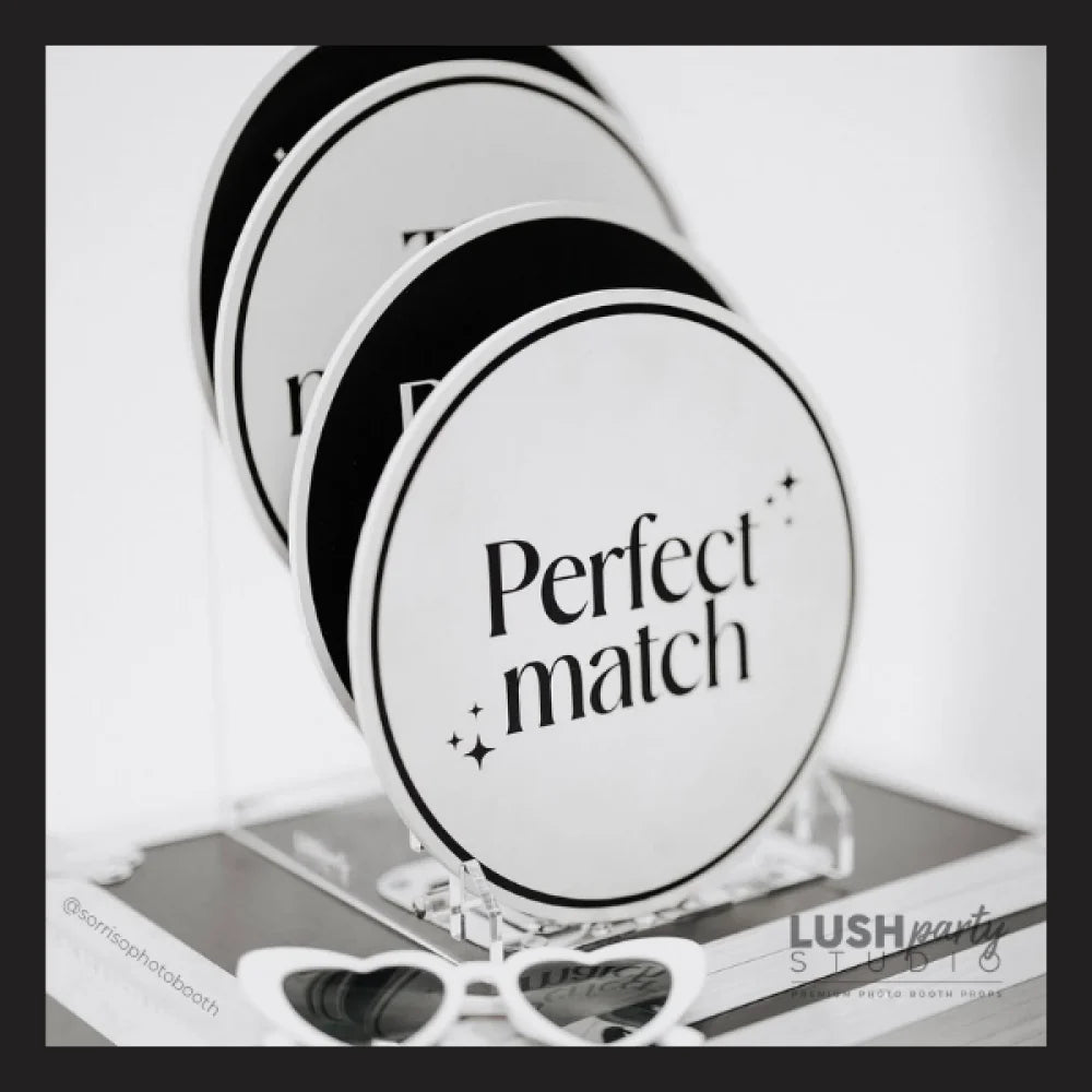 Round makeup product with 'Perfect match' text on a stand, branded 'Lush Party Studio'. wedding photobooth props best props