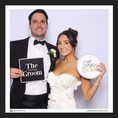 Load image into Gallery viewer, Man in tuxedo and woman in wedding dress holding signs labeled 'The Groom' and 'The Bride'photo booth props by lush party studio
